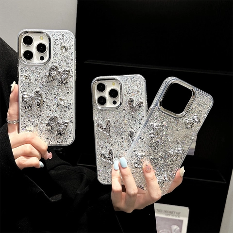 Custodia Per Telefono In TPU Con Glitter Argento Lucido Con Decorazioni In Metallo 3D Fiocco Cuore Orso Strass Cover Morbida Per Donna