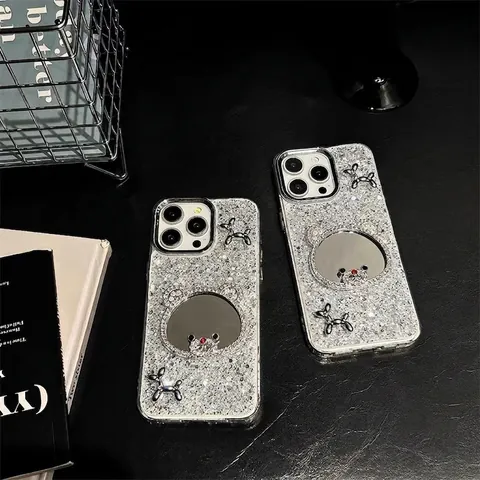 Funda De Teléfono Con Purpurina Plateada Espejo De Oso Y Perro Globo 3D Accesorio De Moda Elegante De Lujo Para Mujer
