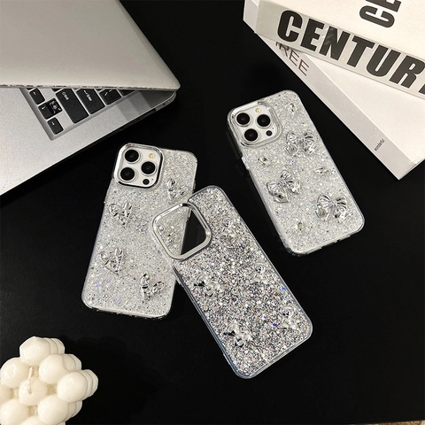 Custodia Per Telefono In TPU Con Glitter Argento Lucido Con Decorazioni In Metallo 3D Fiocco Cuore Orso Strass Cover Morbida Per Donna