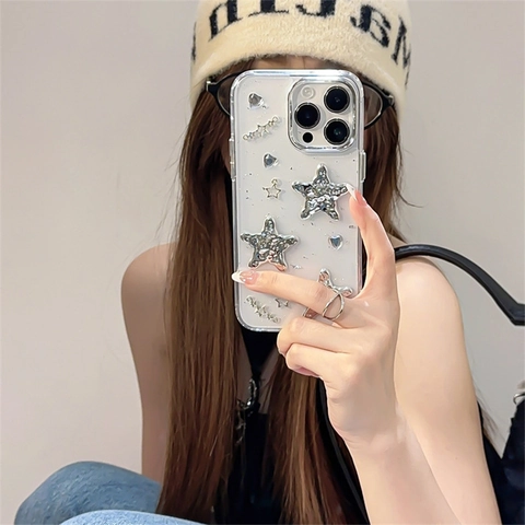Rhinestone Star Heart Phone Case Clear Protective Cover With 3D Silver Decoration Glitter Silver Foil Millennial Y2K Style