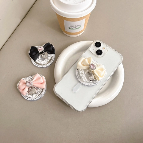 Supporto Magnetico Per Telefono Griptok Pizzo Fiocco In Satin Strass Ciondolo Cuore Lega Retrattile Dolce Per Donne