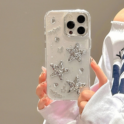 Rhinestone Star Heart Phone Case Clear Protective Cover With 3D Silver Decoration Glitter Silver Foil Millennial Y2K Style
