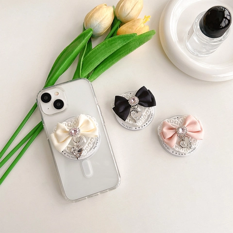 Supporto Magnetico Per Telefono Griptok Pizzo Fiocco In Satin Strass Ciondolo Cuore Lega Retrattile Dolce Per Donne
