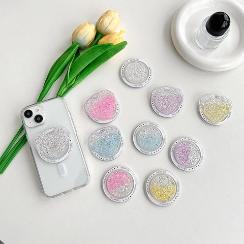 Magnetic Phone Grip Glitter Heart Circular Shape MagSafe Compatible Cellphone Holder Plastic Gradient Sparkly Accessories