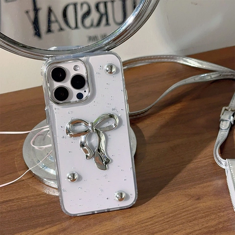 Transparente Handyhülle Mit 3D Silberner Schleife Metallperlen Und Folienverzierung Stoßfestes Weiches TPU