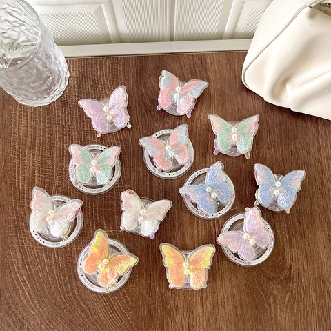 Butterfly Phone Grip Holder Embroidery Double Layer Sequin With Faux Artificial Pearl Collapsible Magnetic Telescopic Aesthetic Stand