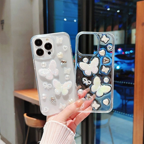 Clear Phone Case With 3D Resin Butterfly Faux Artificial Pearl Heart Rhinestone Glitter Sparkly Sweet Style Smartphone Cover