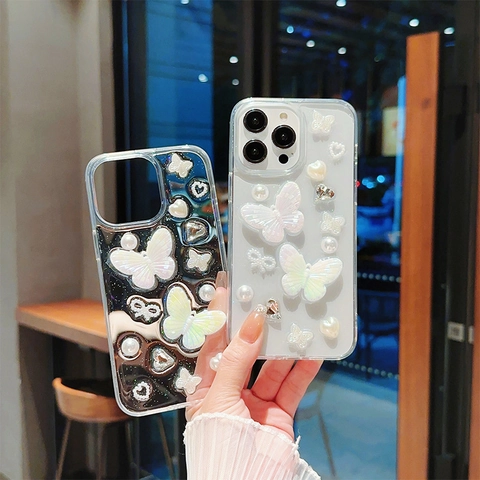 Clear Phone Case With 3D Resin Butterfly Faux Artificial Pearl Heart Rhinestone Glitter Sparkly Sweet Style Smartphone Cover