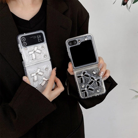 Bowknot Rhinestone Phone Case For Samsung Galaxy Z Flip Fold Marble Glitter Pattern TPU Protective Cover Elegant Sweet
