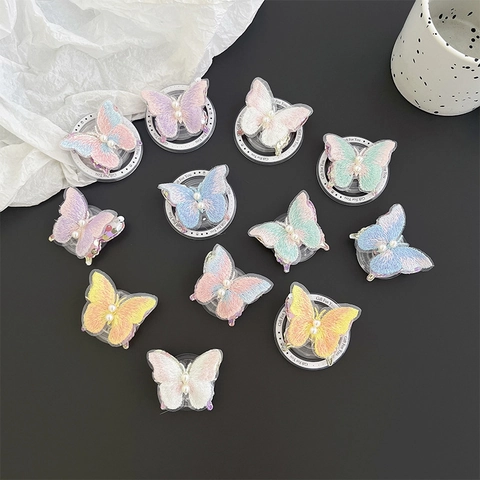 Butterfly Phone Grip Holder Embroidery Double Layer Sequin With Faux Artificial Pearl Collapsible Magnetic Telescopic Aesthetic Stand