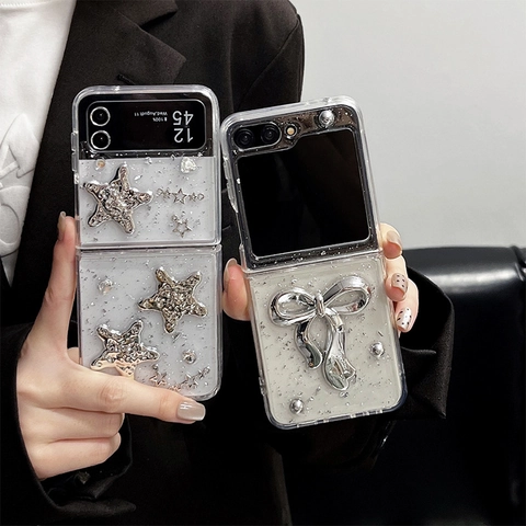 Luxury 3D Silver Bow Star Folding Phone Case Glitter Foil TPU Shockproof Protective Cover For Foldable Screen Phones