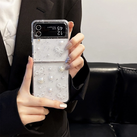 Telefoonhoesje Voor Samsung Galaxy Z Flip Fold Met Kunstparels Zilverfolie Glitter Strik Hart TPU Anti-Val Cover