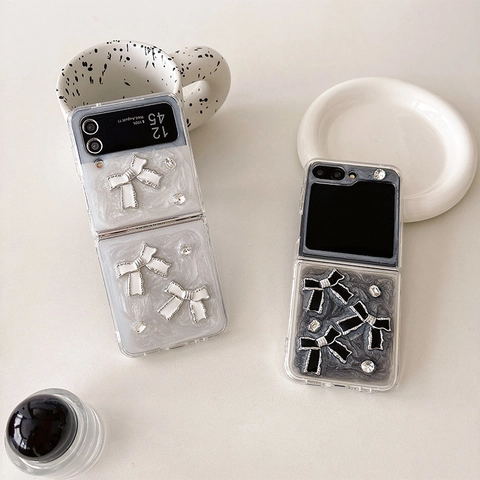 Bowknot Rhinestone Phone Case For Samsung Galaxy Z Flip Fold Marble Glitter Pattern TPU Protective Cover Elegant Sweet