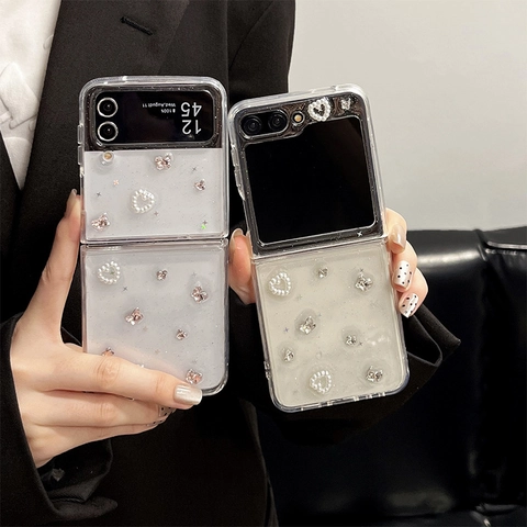 Rhinestone Butterfly Artificial Pearl Heart Transparent Glitter Folding Phone Case Protective Cover For Folding Screen Smartphone Models