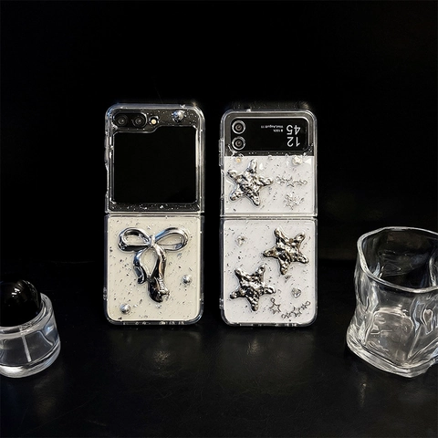 Luxury 3D Silver Bow Star Folding Phone Case Glitter Foil TPU Shockproof Protective Cover For Foldable Screen Phones