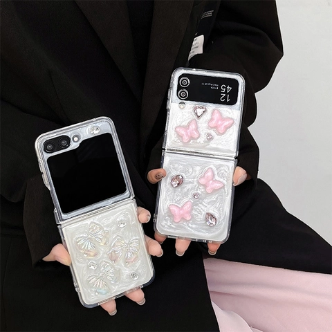 Butterfly Bow Folding Phone Case Rhinestone Pearlescent Marble Texture Glossy Sweet Ins Style Flip Cover