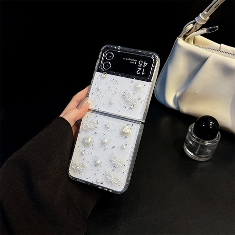 Telefoonhoesje Voor Samsung Galaxy Z Flip Fold Met Kunstparels Zilverfolie Glitter Strik Hart TPU Anti-Val Cover