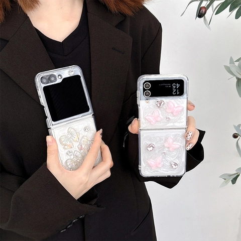 Butterfly Bow Folding Phone Case Rhinestone Pearlescent Marble Texture Glossy Sweet Ins Style Flip Cover