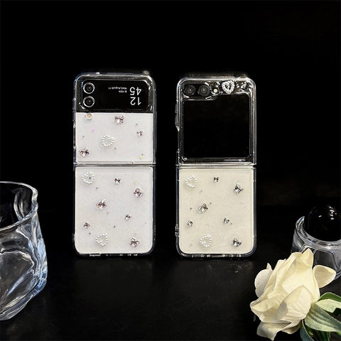 Rhinestone Butterfly Artificial Pearl Heart Transparent Glitter Folding Phone Case Protective Cover For Folding Screen Smartphone Models
