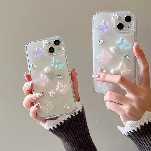 Three Dimensional Butterfly Artificial Pearl Phone Case For Smartphone Shockproof TPU Protective Cover Rhinestone Elegant Sweet Soft Shell