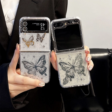 Butterfly Phone Case For Samsung Galaxy Z Flip Z Fold Glitter Silver Foil Dripping Glue TPU Shockproof Luxury Folding Cover
