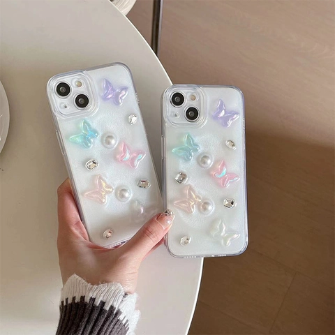 Three Dimensional Butterfly Artificial Pearl Phone Case For Smartphone Shockproof TPU Protective Cover Rhinestone Elegant Sweet Soft Shell