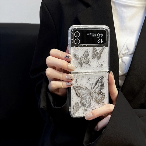 Butterfly Phone Case For Samsung Galaxy Z Flip Z Fold Glitter Silver Foil Dripping Glue TPU Shockproof Luxury Folding Cover