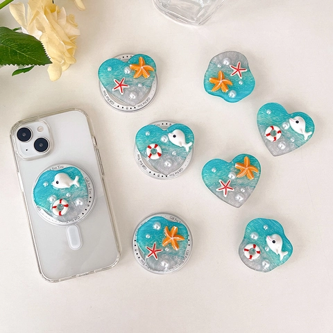 Soporte Para Teléfono Grip Tok Tema Océano Magnético Retráctile Corazón Redondo Delfín Estrella De Mar Resina Perla Artificial Lindo