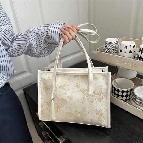 Damen Tote Bag Mit Schmetterlingsdruck Und Quaste Große Kapazität Pendler Schulterhandtasche Elegant