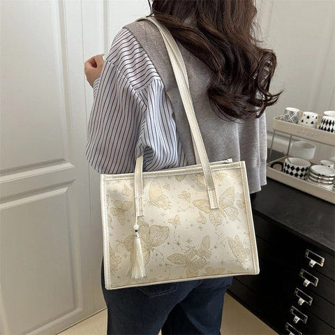 Damen Tote Bag Mit Schmetterlingsdruck Und Quaste Große Kapazität Pendler Schulterhandtasche Elegant