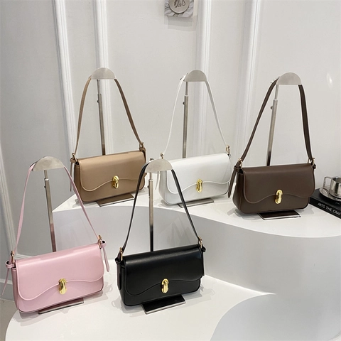 PU Leather Baguette Bag For Women Retro Chic Rectangle Flap Crossbody Underarm Bag With Gold Metal Lock