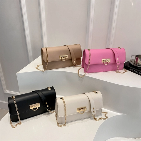 Women Fashion PU Leather Baguette Bag Solid Color Chain Shoulder Bag Chic Magnetic Buckle Crossbody Bag Street Trend Style Purse