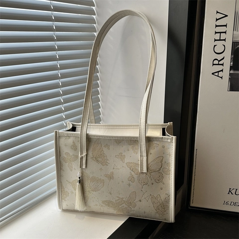 Borsa Tote Da Donna Stampa Farfalla Metallico Argento Bianco Pelle PU Grande Capacità Borsa A Spalla Con Nappina Elegante
