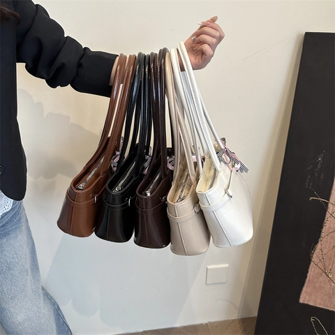 Women PU Leather Shoulder Bag With Sweet Bow Ribbon Decor Minimalist Underarm Handbag For Casual Daily Commuting