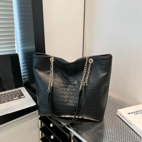 Damen Schwarz Krokodil Prägung PU Leder Tote Bag Große Kapazität Pendler Umhängetasche Mit Goldener Kette Koreanische Mode