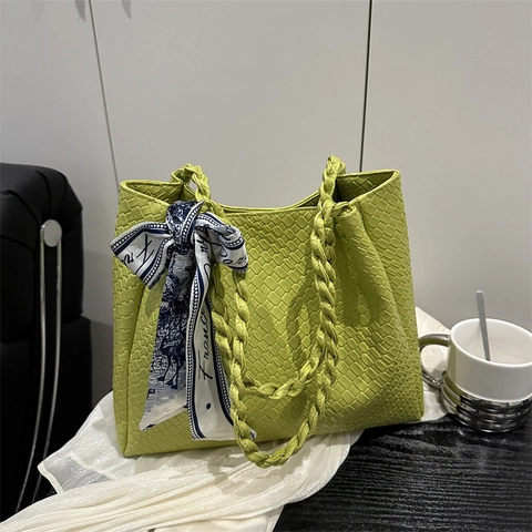Sac Fourre-tout En Cuir PU Tissé Avec Foulard Décoratif Grande Capacité Sac À Main Élégant Pour Femme Quotidien
