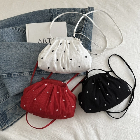 Damen Raffung Chiffon Blumen Umhängetasche Kleine Cloud Dumpling Muschel Schultertasche Süße Mode Blumendruck Tasche