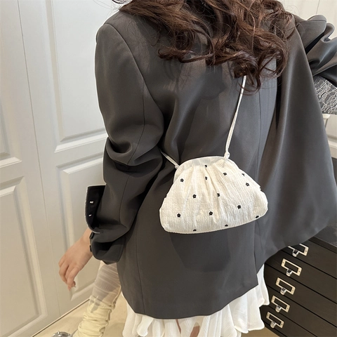 Borsa A Tracolla Ricamata Fiori Arricciata Mini Borsa A Spalla Plissettata Nuvola Elegante Moda Donna Ragazza