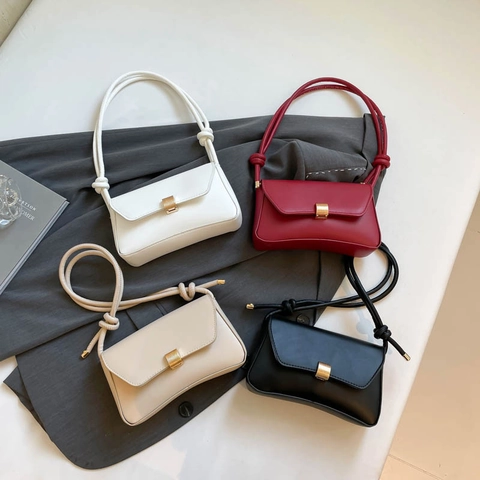Minimalist Women PU Leather Underarm Baguette Bag Solid Color With Metal Lock And Knot Strap Fashion Shoulder Handbag
