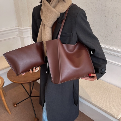 Minimalist Large Capacity Tote Bag For Women PU Leather Solid Color Commuter Shoulder Handbag With Matching Pouch