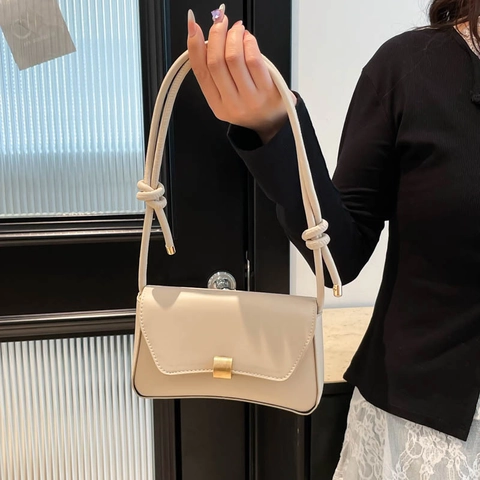 Minimalist Women PU Leather Underarm Baguette Bag Solid Color With Metal Lock And Knot Strap Fashion Shoulder Handbag