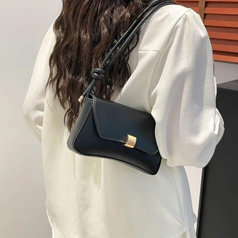 Bolso de Axila Baguette de Cuero PU Vintage para Mujer Bolso Bandolera Minimalista Urbano Con Cierre Dorado Correa Anudada Bolso de Mano de Moda