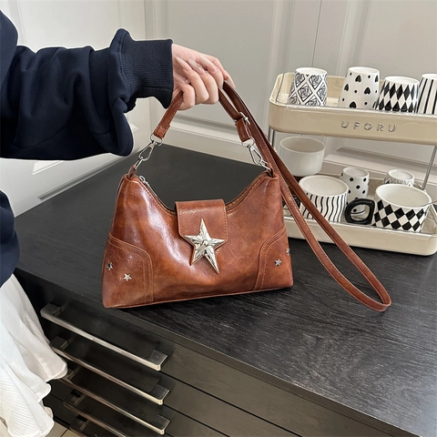 Women PU Leather Shoulder Underarm Bag Vintage Punk Style Large Metal Star Decor Rivet Y2K Streetwear Fashion Handbag