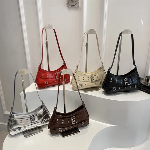 Y2K Punk PU Leder Unterarmtasche Damen Vintage Schultertasche Mit Gürtelschnalle Ösen Täglich Pendler Mode Hobo Tasche