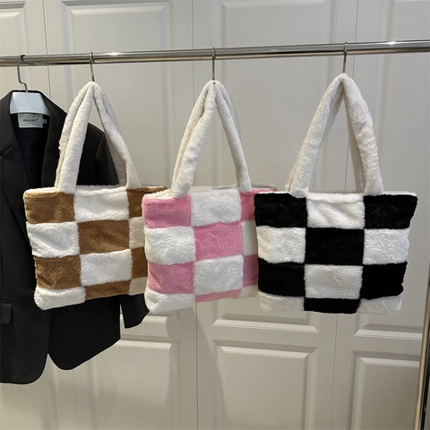 Borsa Tote In Peluche A Scacchi Grande Capacità Borsa A Spalla Ecopelliccia Morbida Calda Autunno Inverno Donna