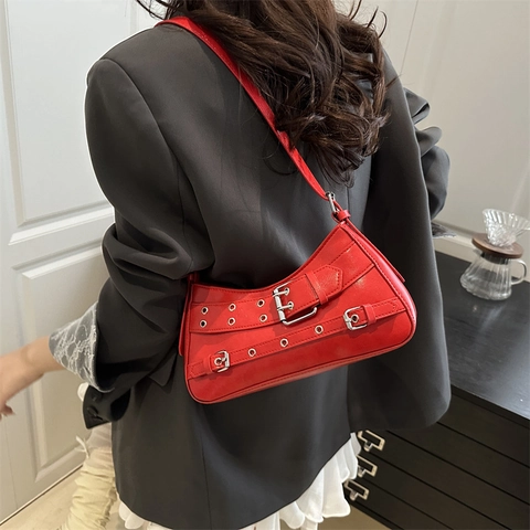Women Underarm Shoulder Bag PU Leather Metal Eyelets Buckle Straps Retro Punk Biker Style Trendy