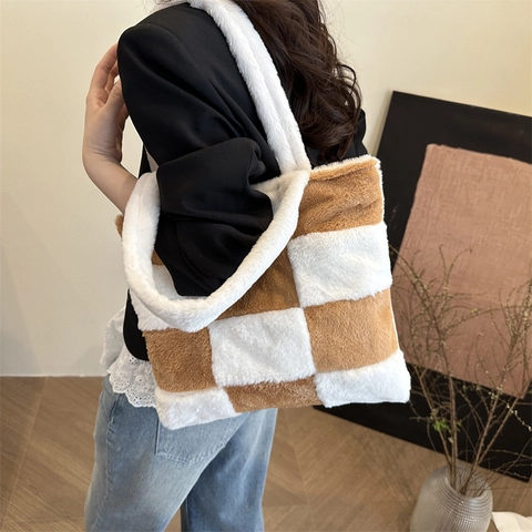 Borsa Tote In Peluche A Scacchi Grande Capacità Borsa A Spalla Ecopelliccia Morbida Calda Autunno Inverno Donna
