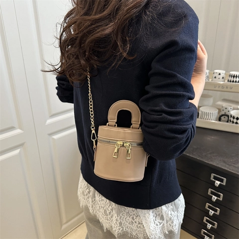 Mini Cylindrical Crossbody Bag PU Leather Golden Chain Double Zipper Handbag For Women Stylish Small Bucket Bag