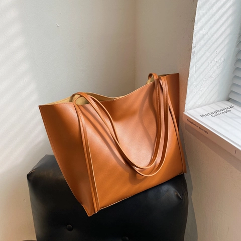 Minimalist Large Capacity Tote Bag For Women PU Leather Solid Color Commuter Shoulder Handbag With Matching Pouch