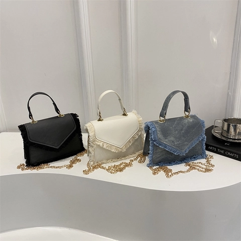 Women Fringe Flap Small Square Shoulder Bag With Metal Chain Strap PU Leather Denim Crossbody Bag Casual Daily Handbag